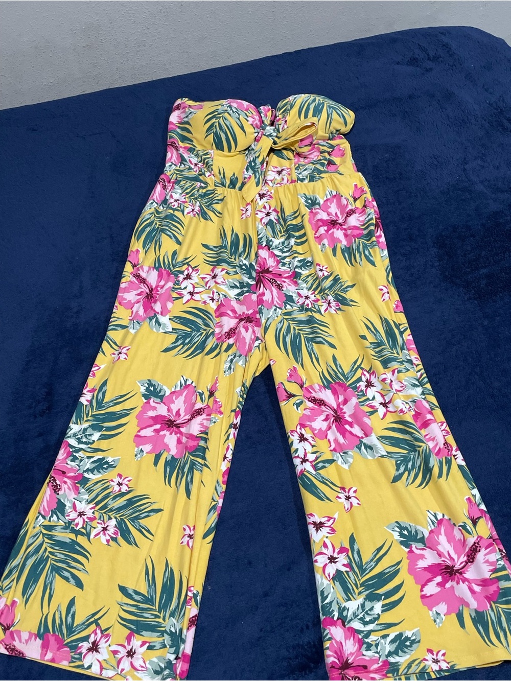 No Boundaries Yellow Strapless Floral Wide-Leg Jumpsuit
